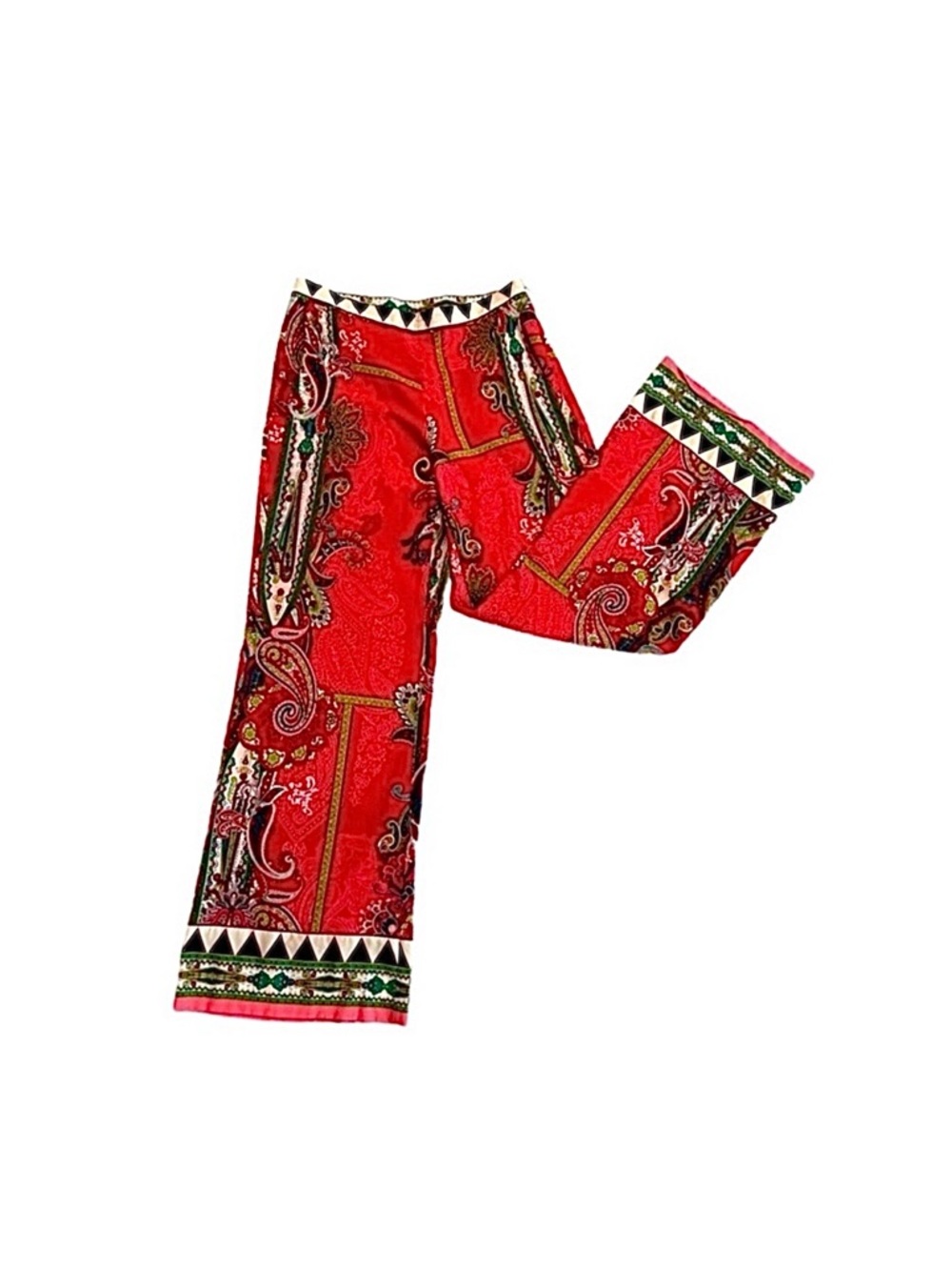 ECI ~ Red Paisley Wide Leg Pants w/Harlequin Details at Waist and Legs size 6